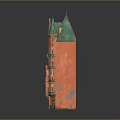 Vintage Multi Storey Residential Building With Red Exterior Walls And Green Roof Spires