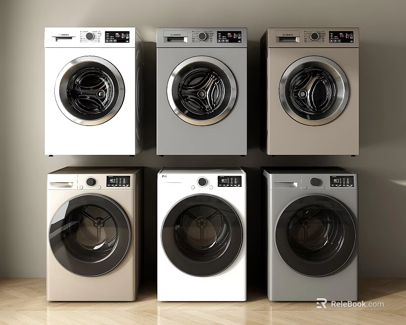 Six Modern Front Loading Washing Machines In Various Colors On 3d model