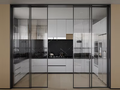 Modern Open Kitchen Interior With Glass Sliding Doors White Cabinets And Black Countertop 3d model