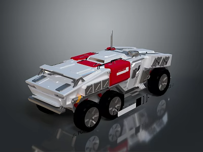 Futuristic Functional Vehicle With White And Red Exterior And Multi Wheel Structure 3d model