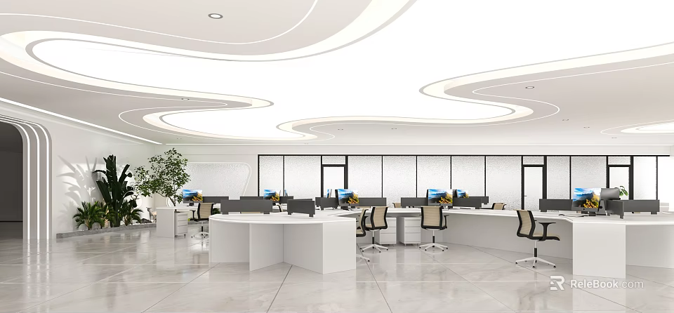 Modern Open Public Office Space With White Desks Black Chairs Green Plants And Large Windows 3d model 
