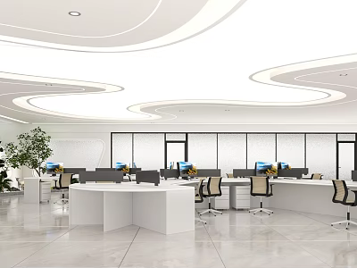 Modern Open Public Office Space With White Desks Black Chairs Green Plants And Large Windows 3d model