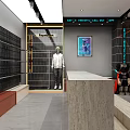Modern Clothing Store Interior With Black Wall Shelves Central Concrete Bench And Clothing Racks
