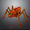 Red Insect Creature with Green Eyes Wings and Multiple Legs