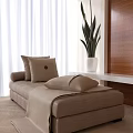 Beige Chaise Lounge With Pillows And Blanket Near White Curtains Green Plant And Wooden Wall