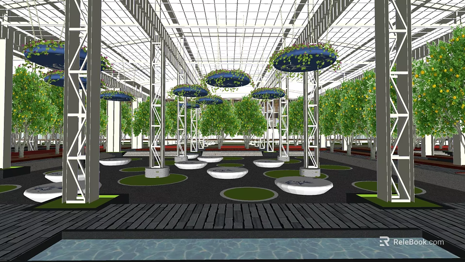 Indoor Garden Landscape Design With Glass Roof Hanging Planters Circular Lawn Areas And Wooden Walkway 3d model 
