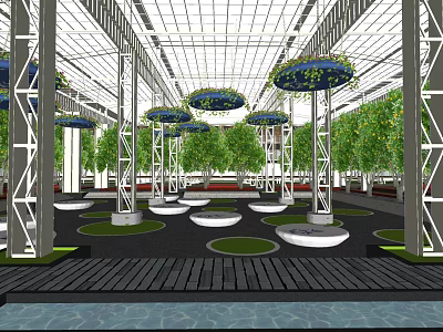Indoor Garden Landscape Design With Glass Roof Hanging Planters Circular Lawn Areas And Wooden Walkway 3d model