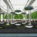 Indoor Garden Landscape Design With Glass Roof Hanging Planters Circular Lawn Areas And Wooden Walkway