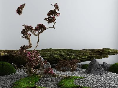 Miniature Garden Landscape with Bonsai Tree Pink Flowers Moss Covered Rock and Gray Pebbles 3d model