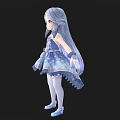 Anime Woman With Long Lavender Hair Blue White Layered Dress White Stockings And Blue Shoes