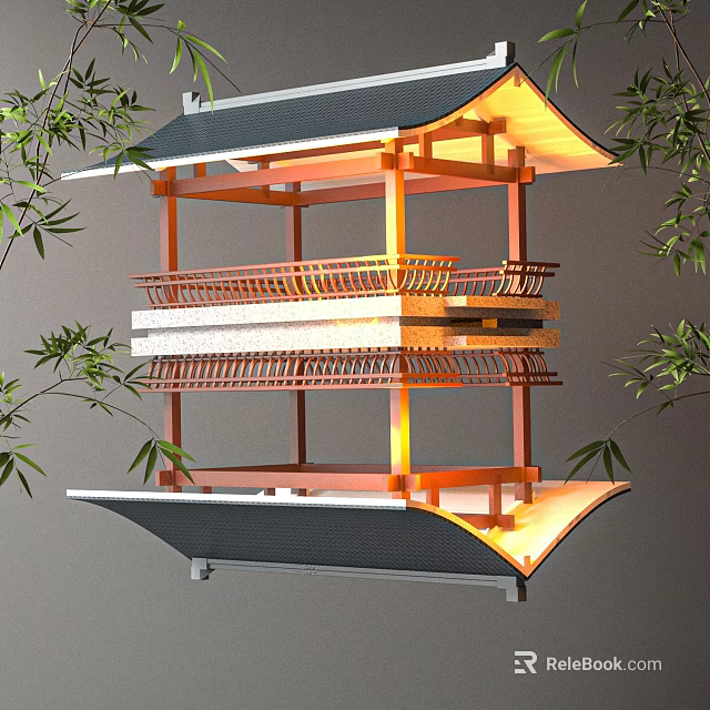 Ancient Architecture Wooden Frame Multi tiered Structure With Bamboo And Illuminated Details 3d model 