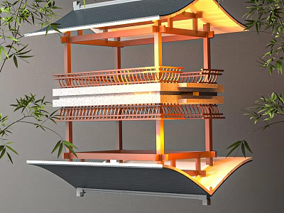 Ancient Architecture Wooden Frame Multi tiered Structure With Bamboo And Illuminated Details 3d model