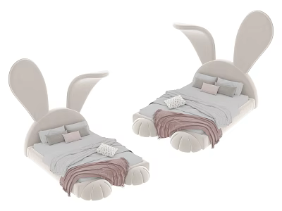 Cute Bunny Ear Shaped Kids Beds With Light Gray Bedding Pink Pillows And Blankets 3d model