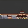 Cartoon Scene Of Traditional Chinese Buildings With Red Roofs Courtyard And Surrounding Walls