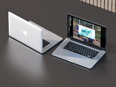 Two Apple Laptops Open And Closed With Screen Showing Outdoor Scene On Dark Surface 3d model