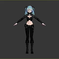 3D Anime Character Model With Blue Green Pigtails And Black Outfit Boots