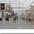 Dessert Shop Modern Interior Design With Bar Counter Stools Wooden Shelves Chandelier And Plants