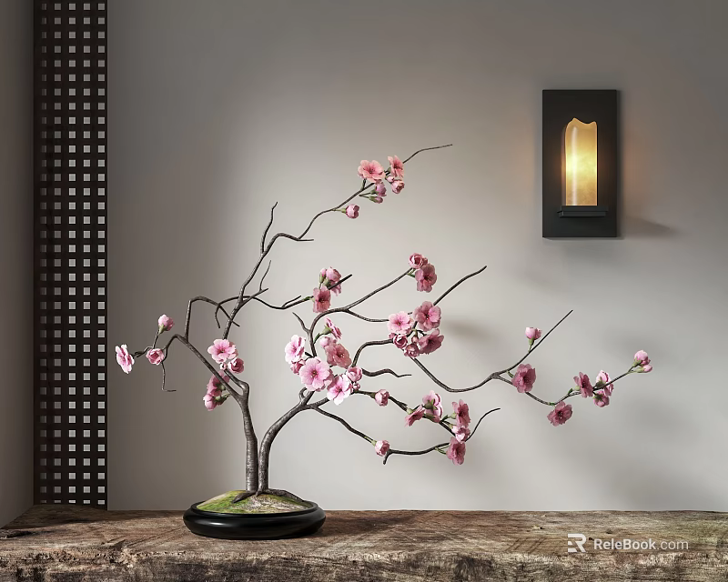Pink Blossom Branch Arrangement on Black Base with Lattice Screen and Warm Wall Lamp 3d model 