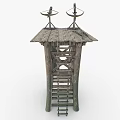 Wooden Tower Structure With Solar Panels On Roof And Green Pillars With Ladder