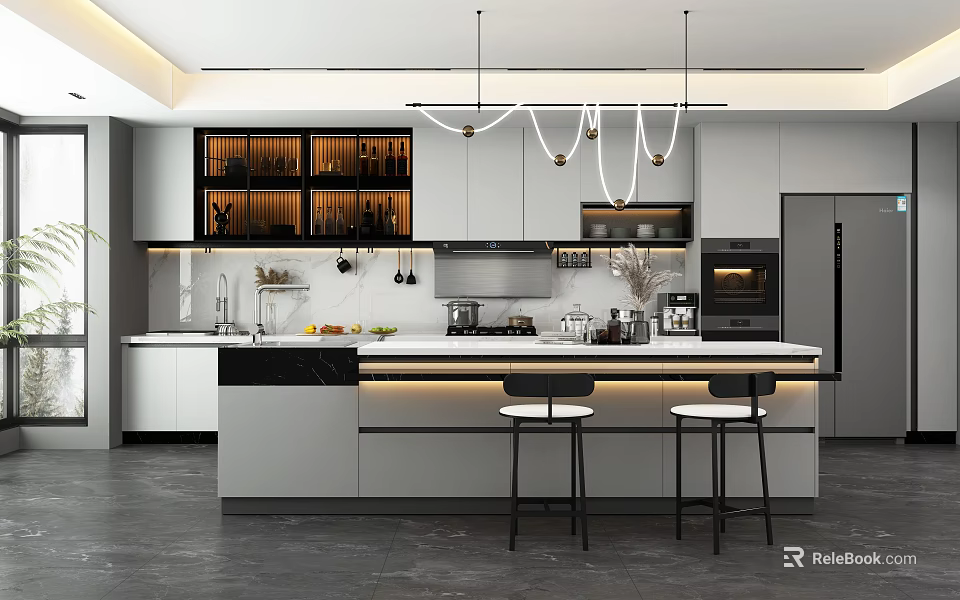 Modern Open Kitchen Interior With Island Counter Cabinets And Pendant Lights 3d model 