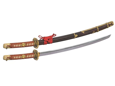 Traditional Japanese Samurai Swords With Red Gold Handles And Ornate Dark Scabbard 3d model