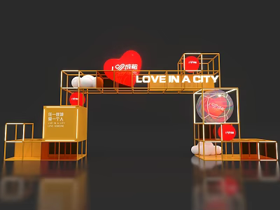Love In A City Themed Decorative Display With Golden Frames And Red Heart 3d model
