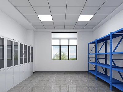 Storage Room Interior With White Glass Door Cabinets Blue Metal Shelves And Window 3d model