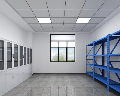 Storage Room Interior With White Glass Door Cabinets Blue Metal Shelves And Window 3d model