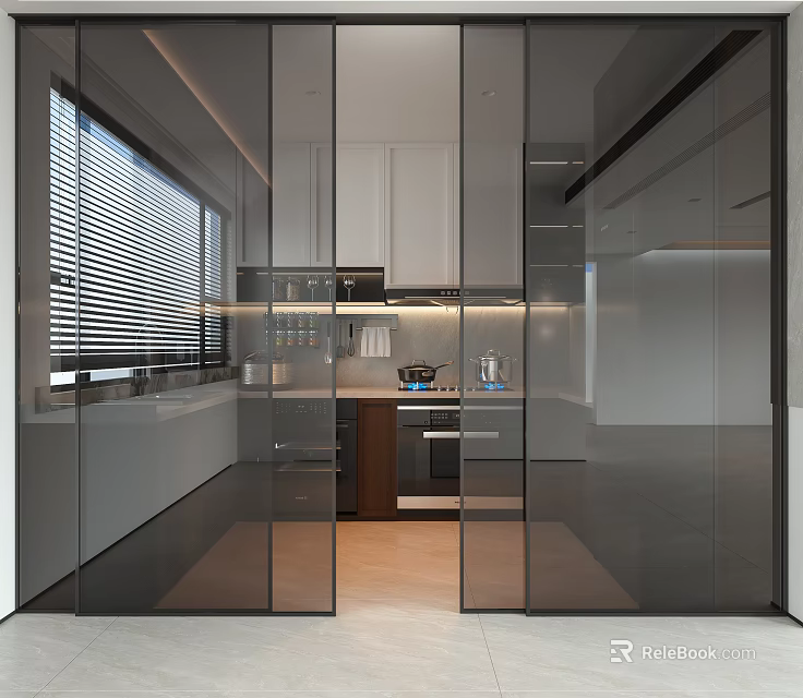 Modern Kitchen Interior With Glass Partitions White Cabinets Dark Countertops And Window Blinds 3d model 