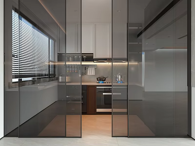 Modern Kitchen Interior With Glass Partitions White Cabinets Dark Countertops And Window Blinds 3d model