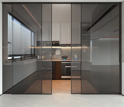Modern Kitchen Interior With Glass Partitions White Cabinets Dark Countertops And Window Blinds 3d model