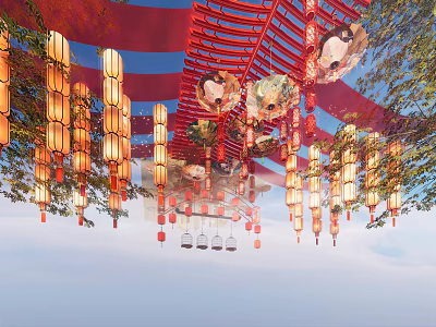 Traditional Red Ceiling Design With Hanging Lanterns And Decorative Paintings 3d model