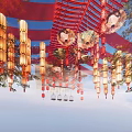 Traditional Red Ceiling Design With Hanging Lanterns And Decorative Paintings 3d model