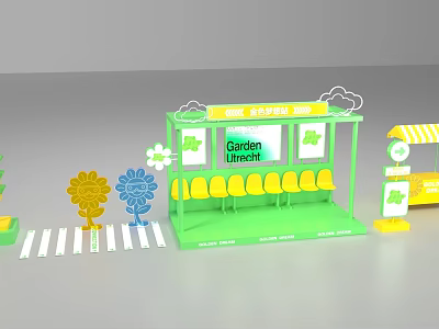 Garden Leisure Photo Spot With Green Pavilion Yellow Benches Sunflowers And Zebra Crossing 3d model