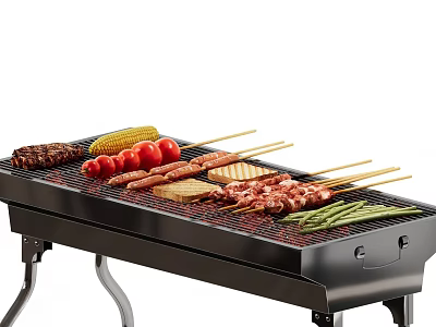 Catering Kitchen Outdoor Grill With Grilled Steak Corn Tomato Skewers Sausages Chicken Kebabs And Asparagus 3d model
