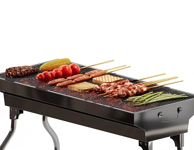Catering Kitchen Outdoor Grill With Grilled Steak Corn Tomato Skewers Sausages Chicken Kebabs And Asparagus 3d model