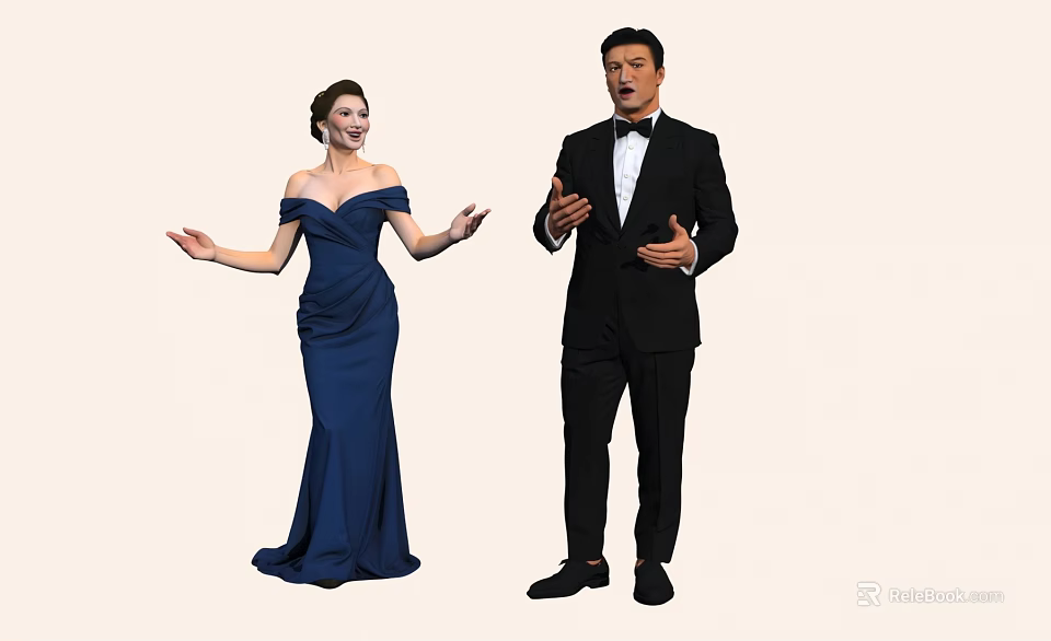 Elegant Couple In Blue Off Shoulder Dress And Black Tuxedo Performing With Expressive Gestures 3d model 