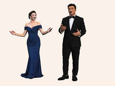 Elegant Couple In Blue Off Shoulder Dress And Black Tuxedo Performing With Expressive Gestures 3d model