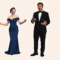 Elegant Couple In Blue Off Shoulder Dress And Black Tuxedo Performing With Expressive Gestures