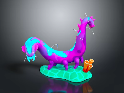 Colorful Low Poly Dragon Figure With Green Base And Orange Coral Decorations 3d model