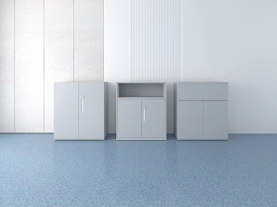 Three Grey Bookcases Against Light Colored Wall With Blue Floor Interior 3d model