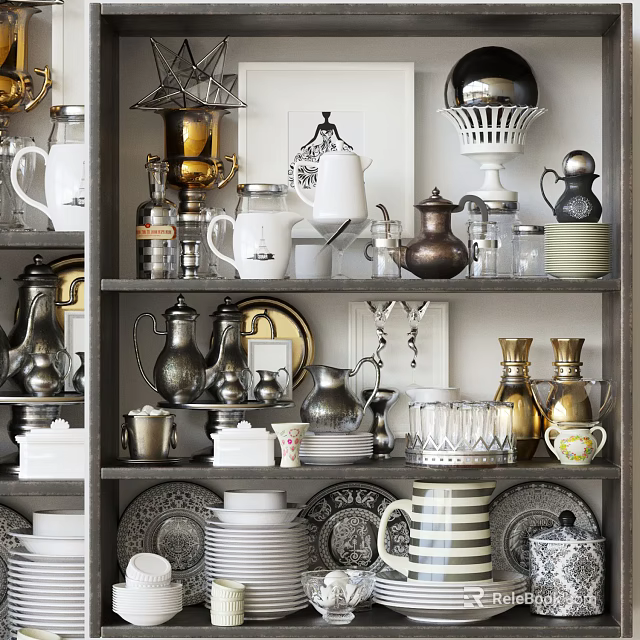 Assorted Vintage Tableware Set With Teapots Cups Plates And Jars On Shelves 3d model