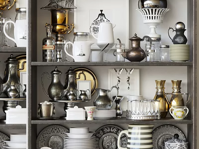 Assorted Vintage Tableware Set With Teapots Cups Plates And Jars On Shelves 3d model