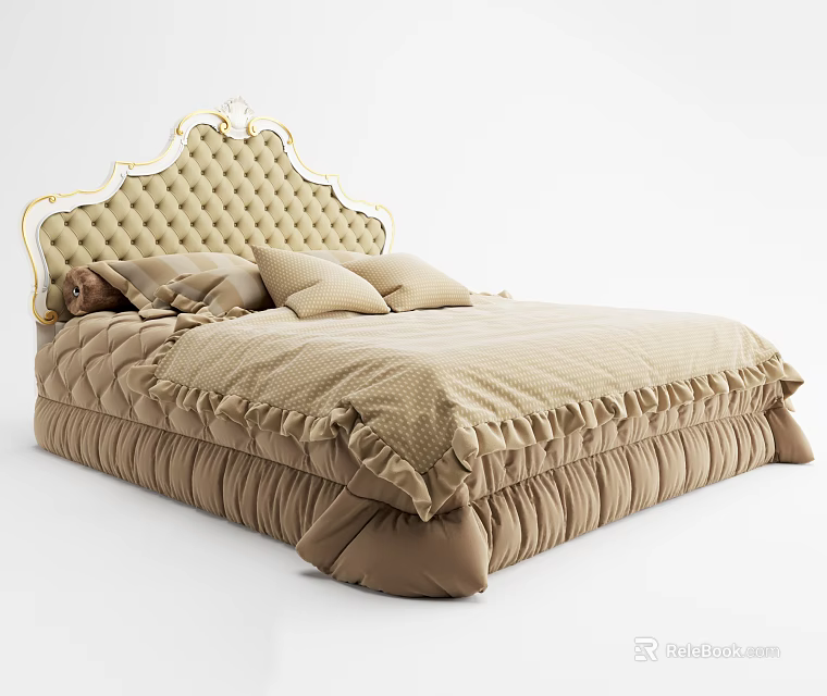 Elegant Beige Double Bed With Golden Border Upholstered Headboard And Ruffled Bedding 3d model 
