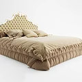 Elegant Beige Double Bed With Golden Border Upholstered Headboard And Ruffled Bedding