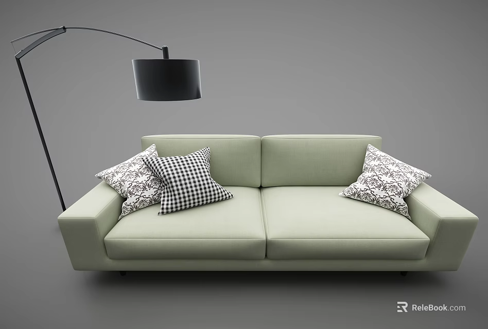 Light Green Two Seater Sofa with Checkered and Patterned Pillows and Black Floor Lamp 3d model