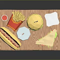 Appetizing Fast Food Platter With Hotdog Burger Sandwich And Soda On Wooden Board