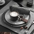 Modern Dinnerware Set With Plates Napkins Coffee Cup Forks Knives Wine Glass And Green Plant