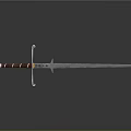 Medieval Long Sword With Red Wrapped Handle And Sharp Metallic Blade On Gray Background