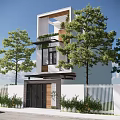 Modern Three Story Detached Villa Exterior With Wooden Accents Balcony Green Plants Large Trees